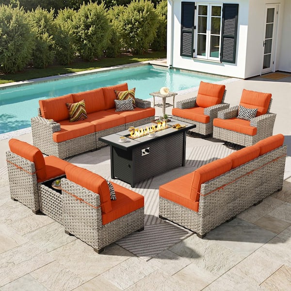 CanterburyBell 13 Pieces Wicker Outdoor Patio Rectangular FirePit Set and SwivelRocking Chairs with Orange Red Cushions