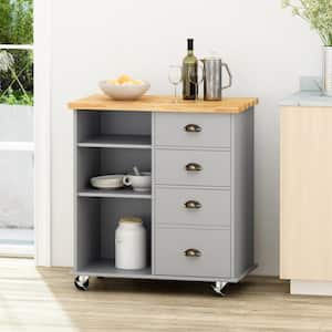 Compact Gray Rubber Wood Tabletop 31.5 in. Kitchen Island with Drawers and Half-moon Handles