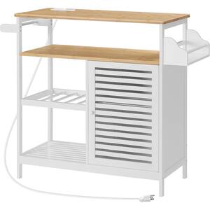 White Wood Kitchen Cart Storage Island with Power Outlet, 4-Tier Coffee Station And Microwave Stand