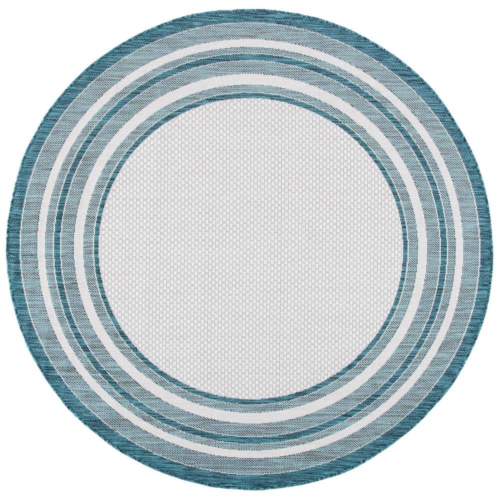 SAFAVIEH Courtyard Ivory/Teal 7 ft. x 7 ft. Solid Striped Indoor