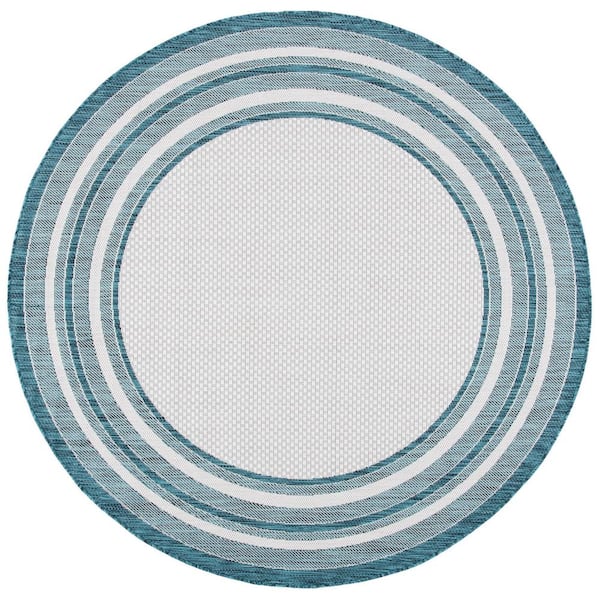 Courtyard Ivory/Teal 8 ft. x 8 ft. Solid Color Striped Indoor/Outdoor Round Area Rug