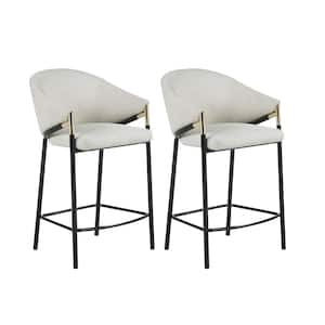 36.75 in. H Glossy Black and Beige Upholstered Low Back Metal Frame Counter Height Stool with Fabric Seat (Set of 2)