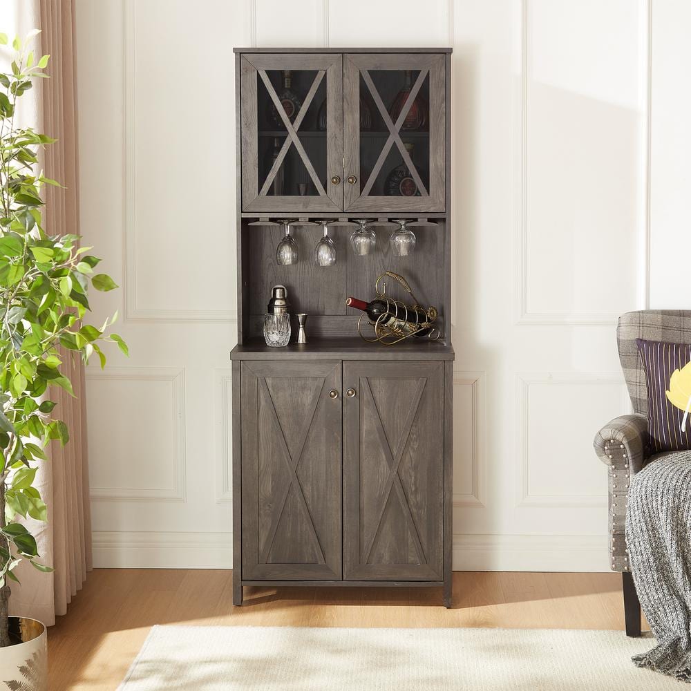 68 in. H Gray Kitchen Pantry Bar Cabinets with Glasses Rack, Sideboards Buf