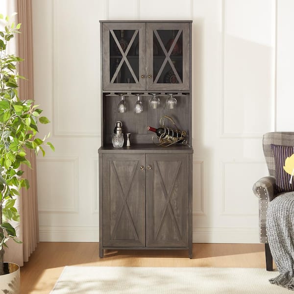 Unbranded 68 in. H Gray Kitchen Pantry Bar Cabinets with Glasses Rack, Sideboards Buffets Bar Storage