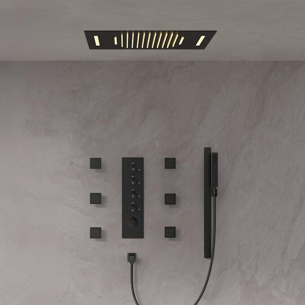LED Thermostatic Quintuple Handle 15-Spray 23 x 15 in. Shower Faucets 2.5 GPM with Anti Scald Body Spray in Matte Black