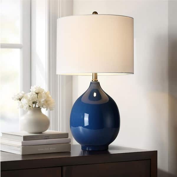 24in 3-Way Blue Ceramic Table Lamp with White Shade
