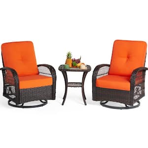 3-Piece Brown Wicker Outdoor Rocking Chair Set Outdoor Swivel Chairs with Orange Cushions