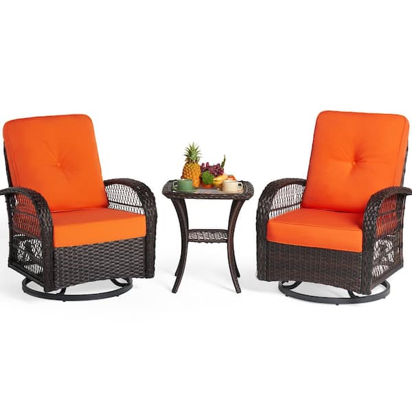 SUNMTHINK 3-Piece Brown Wicker Outdoor Rocking Chair Set Outdoor Swivel Chairs with Orange Cushions