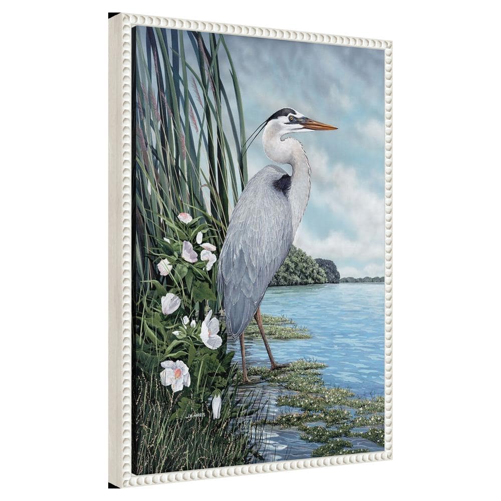 Great Blue Heron Coastal Scene Canvas Wall Art with White Frame