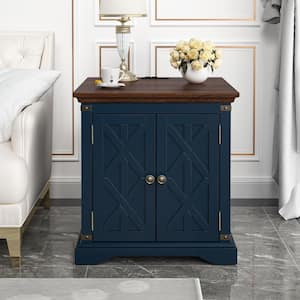 Farm House 24 in. Wild Navy Square Side Table Wood Top End Table with Adjustable Shelf and Charging Station