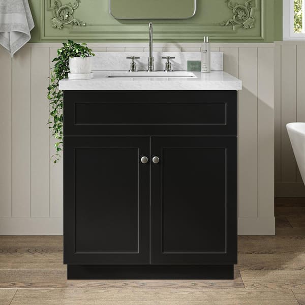 ARIEL Hamlet 30 in. W x 22 in. D x 36 in. H Bath Vanity in Black with Carrara Marble Vanity Top