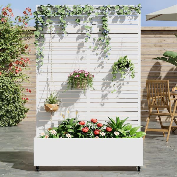 73 in. x16 in. x47 in. White Metal Iron Planter Box with Attached Trellis for Climbing Vegetation