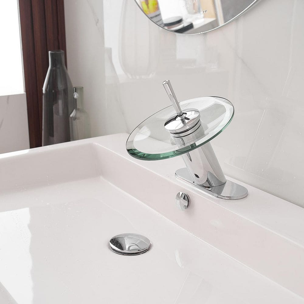 Polished Chrome Single Handle Waterfall Bathroom Faucet with Glass Spout