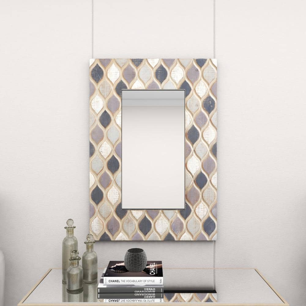 Beige Farmhouse Wood Wall Mirror with Diamond Pattern 28" x 40"