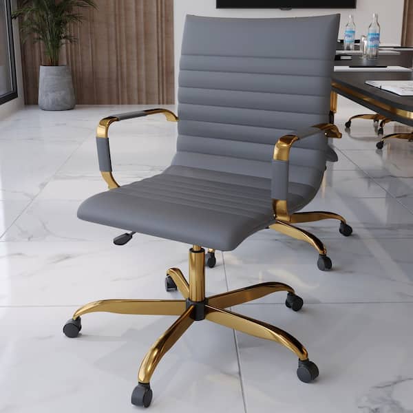 Leisuremod Harris Mid-Back Leather Office Chair Gold Frame Adjustable Height, Swivel, Tilt Conference Chair in Grey