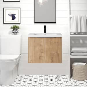 24 in. W x 18 in. D x 19 in. H Float Mounting Bath Vanity in Imitative Oak with White Resin Basin Top, Soft Close Doors
