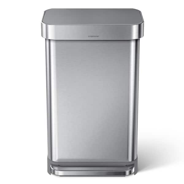 45L Rectangular Step Kitchen Trash Can with Liner Pocket, Brushed Stainless Steel with Grey Plastic Lid