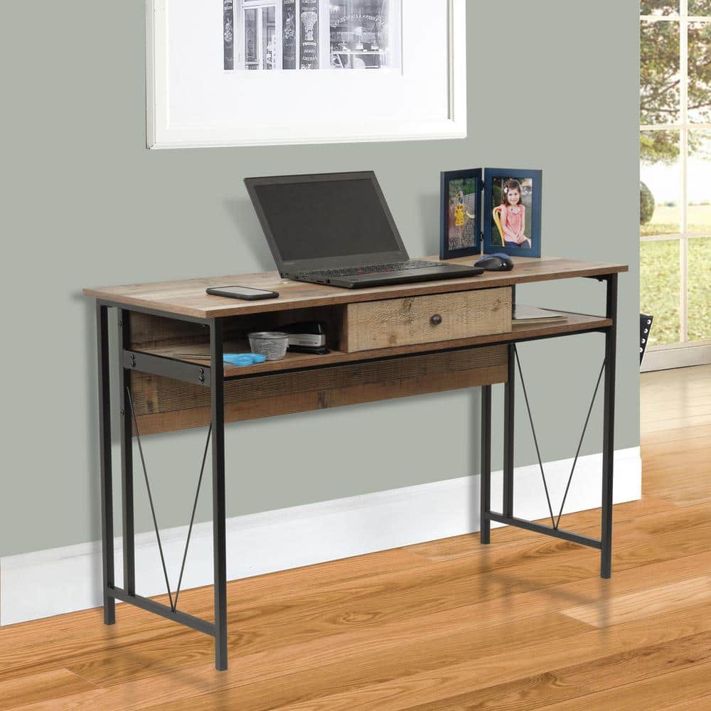 Black Metal and Wood Study Desk with Drawer