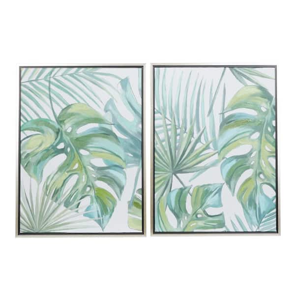 2- Panel Leaf Tropical Framed Wall Art with Silver Frame 32 in. x 24 in.