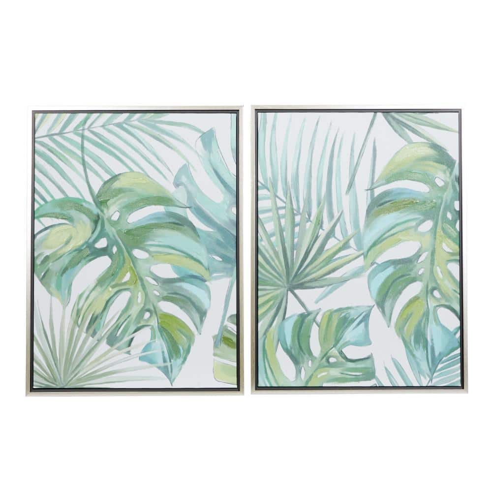 Green Tropical Leaf Framed Canvas Wall Art Set with Silver Frame