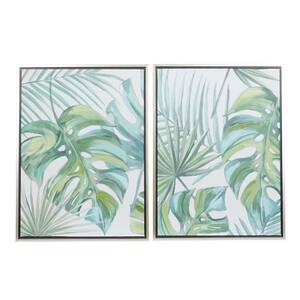 2- Panel Leaf Tropical Framed Wall Art with Silver Frame 32 in. x 24 in.