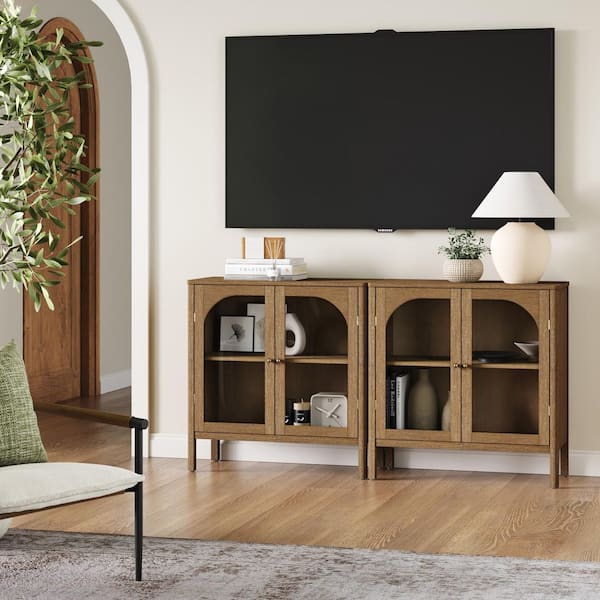 Mason TV Stand or Free Standing Accent Sideboard Buffet Cabinet Glass Doors Adjustable Shelves, Brushed Light Brown
