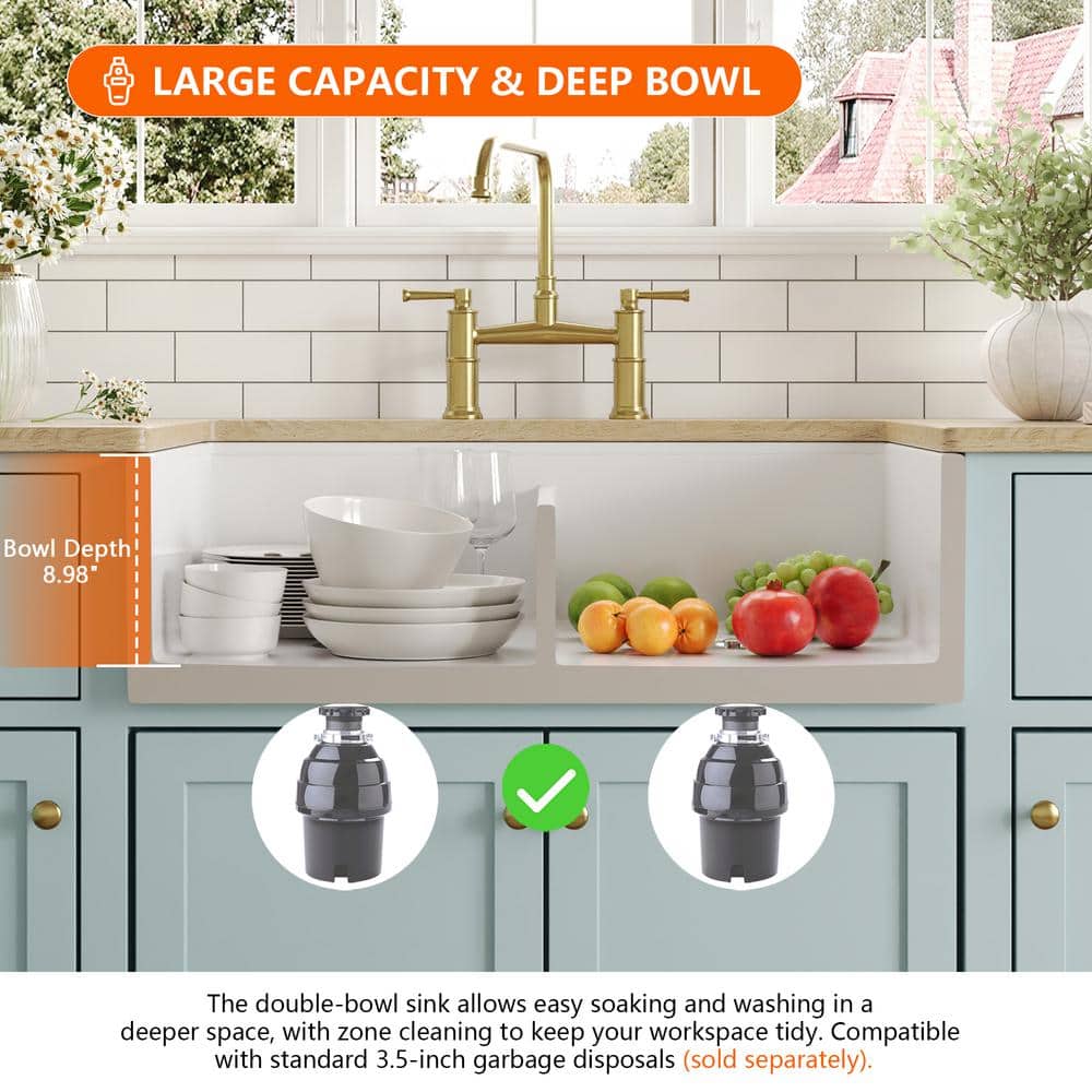 33" White Fireclay Double Bowl Farmhouse Kitchen Sink with Accessories