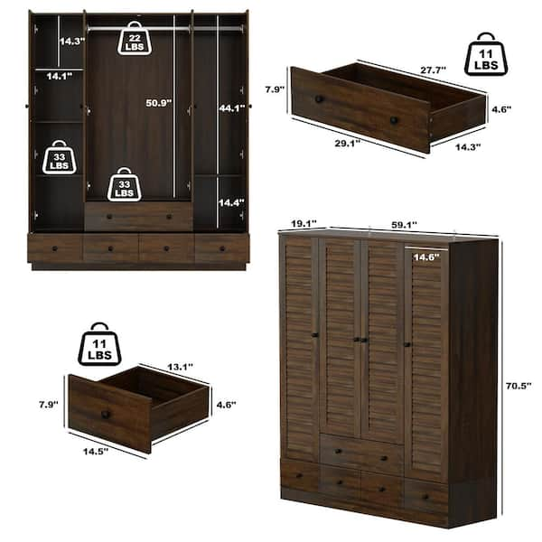 FUFU&GAGA Brown Wood Grain 59 in. W Rattan Doors Design Armoires Wardrobe  with 5-Drawers, 2-Hanging Rods (70.8 in. H x 18.8 in. D) KF260090-012 - The  Home Depot