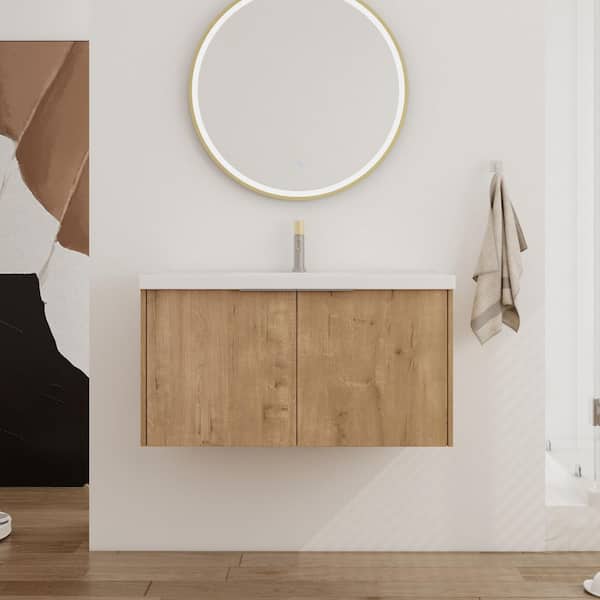 35.4 in. W x 18.1 in. D x 19.3 in. H Wall-Mounted Bath Vanity in Light Brown with White Resin Vanity Top