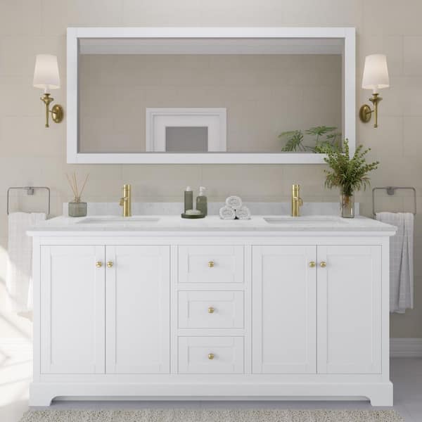 Wyndham Collection Avery 72 in. W x 22 in. D x 35 in. H Double Sink Bath Vanity in White with Light-Vein Carrara Cultured Marble Top