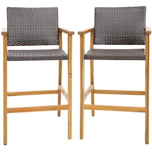 Patio PE Wicker Bar Chairs Height Outdoor Bar Stools with Acacia Wood Armrests Balcony (2-Pieces)