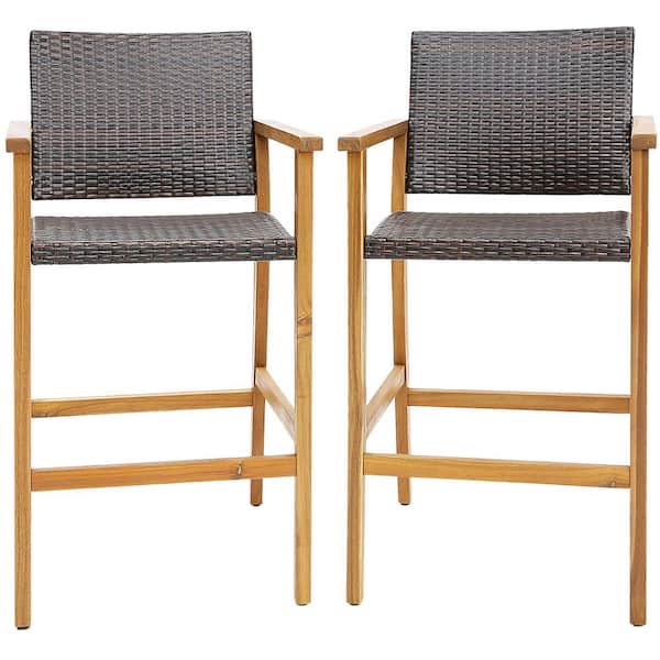 Costway Patio PE Wicker Bar Chairs Height Outdoor Bar Stools with Acacia Wood Armrests Balcony (2-Pieces)