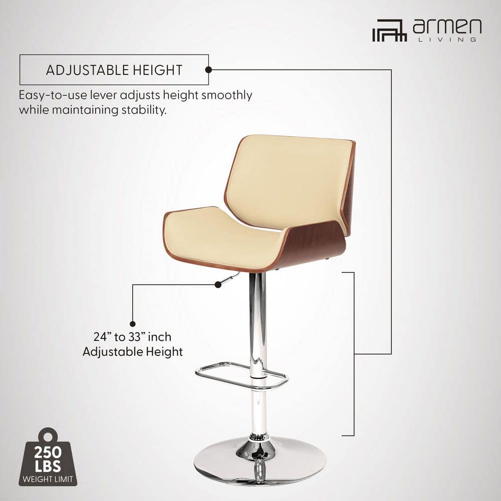Cream Faux Leather Adjustable Swivel Bar Stool with Walnut and Chrome