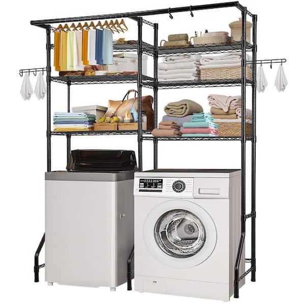 Over Washer and Dryer Storage Shelves, 6 Tiers Laundry Room Drying Rack with Hanger Rod and Hooks, Shelves Black