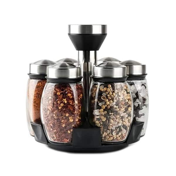 1 Shelf Stainless Steel Countertop Rotating Spice Rack Organizer with 6 Glass Jars 360 Degree Kitchen Holder
