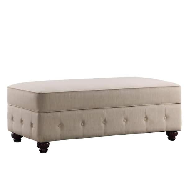 Beige Linen Retangle Storage Ottoman with Solid Rubber Wood Legs