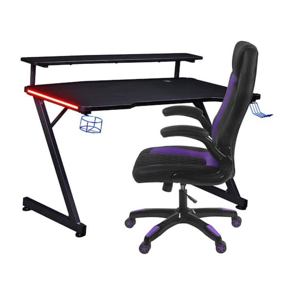 48 in Black/ Purple LED Carbon Fiber Gaming Desk with Riser Shelf and Ergonomic Racing-Style Gaming Chair