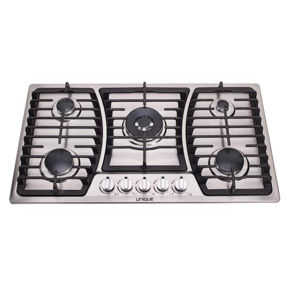 Unique 36 in. Gas Dual Ignition Cooktop in Stainless Steel with 5 Sealed Burners
