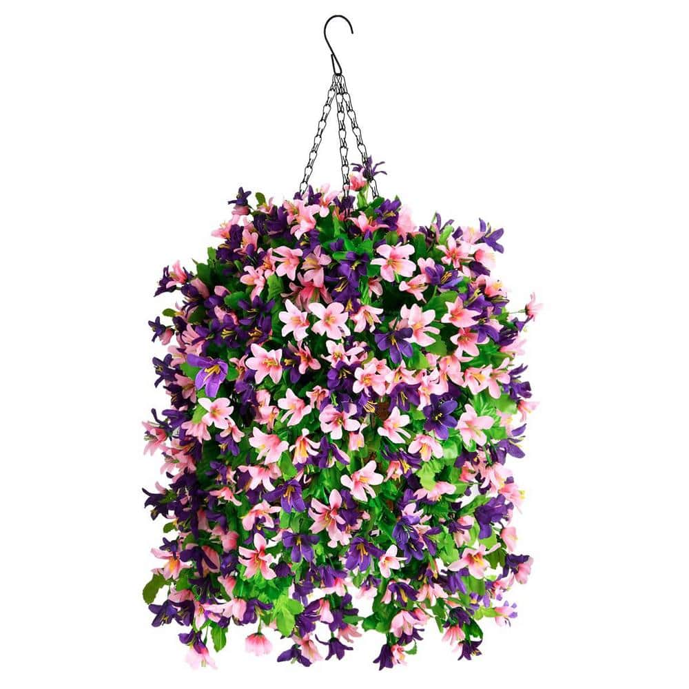 20 in. H Artificial Hanging Silk Violet Flowers in Basket, Outdoor Indoor P