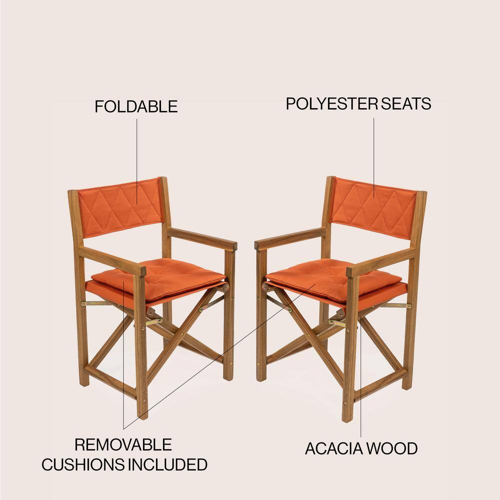 Mid-Century Teak Brown Acacia Wood Director Chair with Orange Cushions