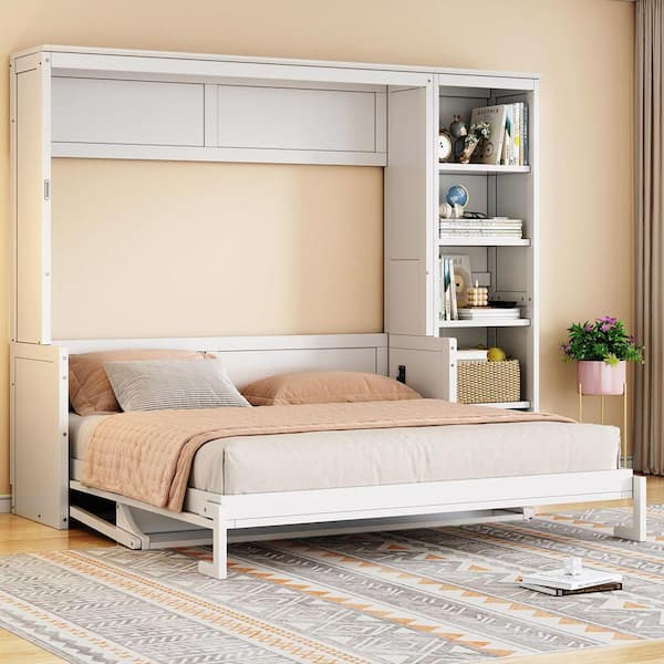White Wood Frame Queen Size Murphy Bed with Desk and Bookshelf
