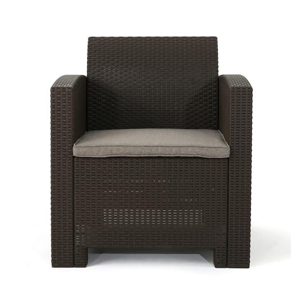 Brown Wicker Club Outdoor Lounge Chair with Mixed Beige Water Resistant Cushions