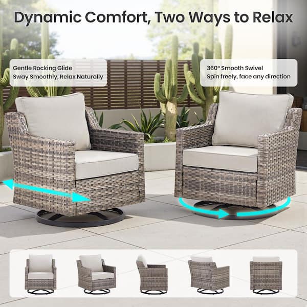 GlideRail Gray Swivel Glider Wicker Patio Conversation Set with Beige Olefin 4 In. Thick Cushions/End Tables (6-Piece)