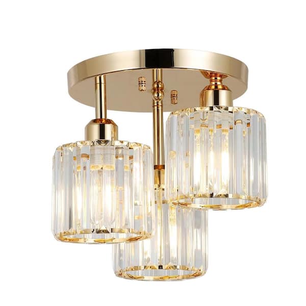 9.8 in. Modern 3-Light Crystal Semi Flush Mount Ceiling Light with Clear Crystal Shade in Gold (Not Bulb Included)