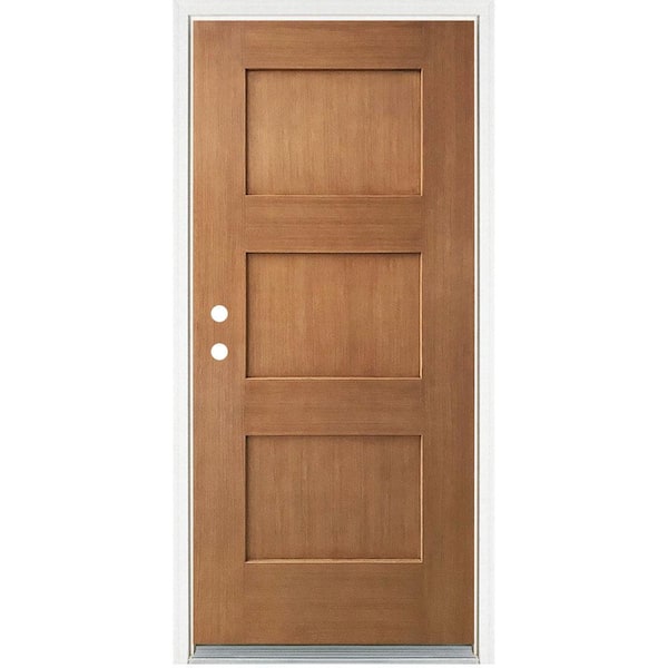 36 in. x 80 in. Right-Hand/Inswing Light Oak 3-Panel Shaker Fiberglass Prehung Front Door
