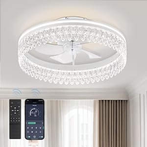 20 in. Smart Indoor Light White Crystal Flush Mount Color Changing LED Ceiling Fan with Light Kit and Remote App Control