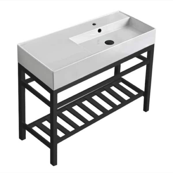 Nameeks Teorema 2-Ceramic White Console Sink and Leg Combo in Matte Black