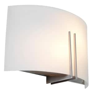 Prong 12 in. 2-Light Brushed Steel Wall Sconce with White Glass Shade