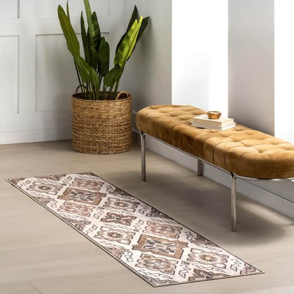 Keily Medallion Spill Proof Washable Ivory 2 ft. x 8 ft. Indoor Area Rug