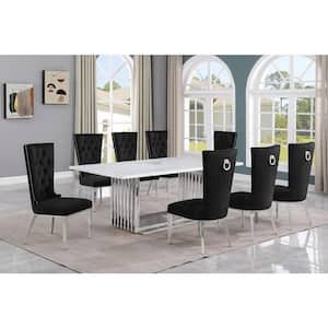 Lisa 9-Piece Rectangular White Marble Top Stainless Steel Base Dining Set With 8-Black Velvet Fabric Chairs